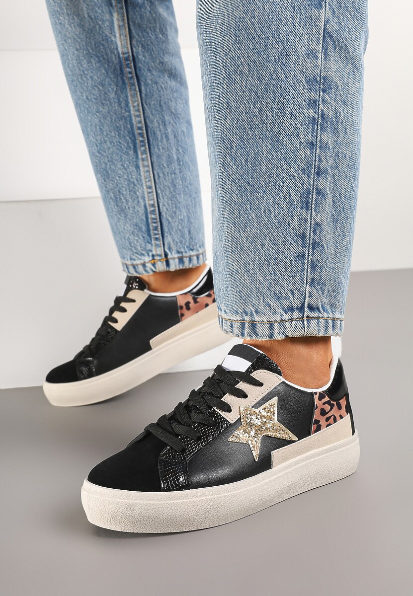Czarne Sneakersy na Niskiej Platformie z Brokatowymi Zdobieniami Felaven