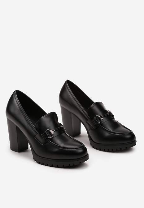 Czarne Eleganckie Półbuty na Obcasie z Platformą Ozdobione Klamrą Paivessa