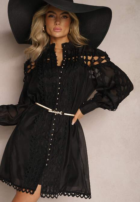 Czarna Koszulowa Sukienka Mini z Paskiem Zdobiona Koronką Organdi