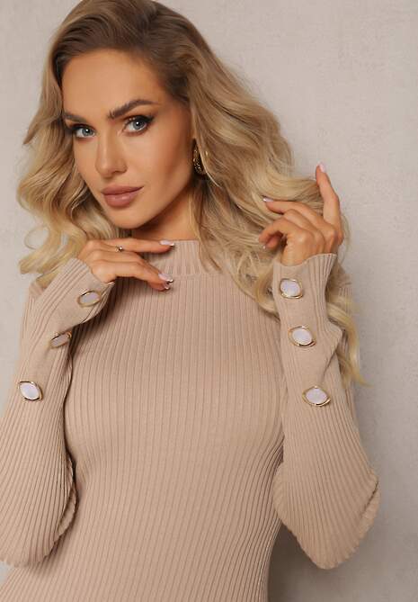 Beżowa Maxi Prążkowana Sukienka o Dopasowanym Kroju z Guzikami i Wycięciem Inelia