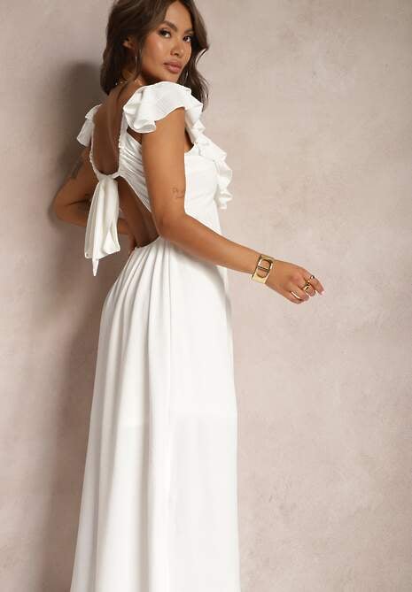 Biała Sukienka Koktajlowa na Ramiączkach Ozdobiona Falbaną i Rozcięciami po Bokach Zorabea