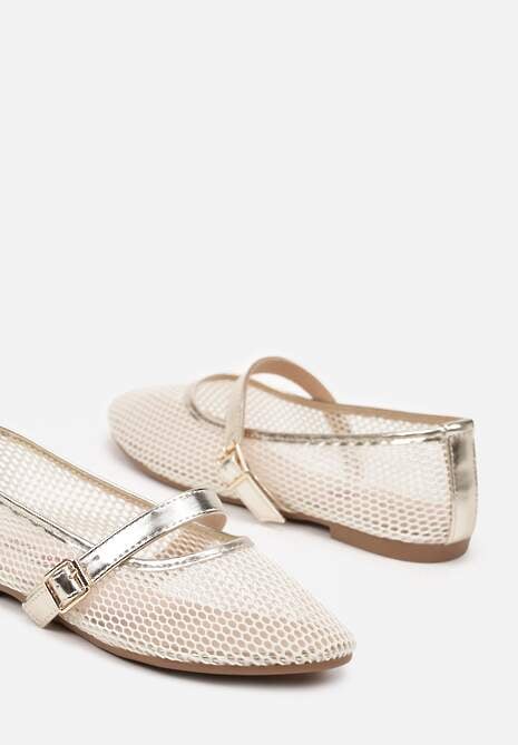Złote Balerinki z Drobnej Siateczki z Paskiem Soldexia