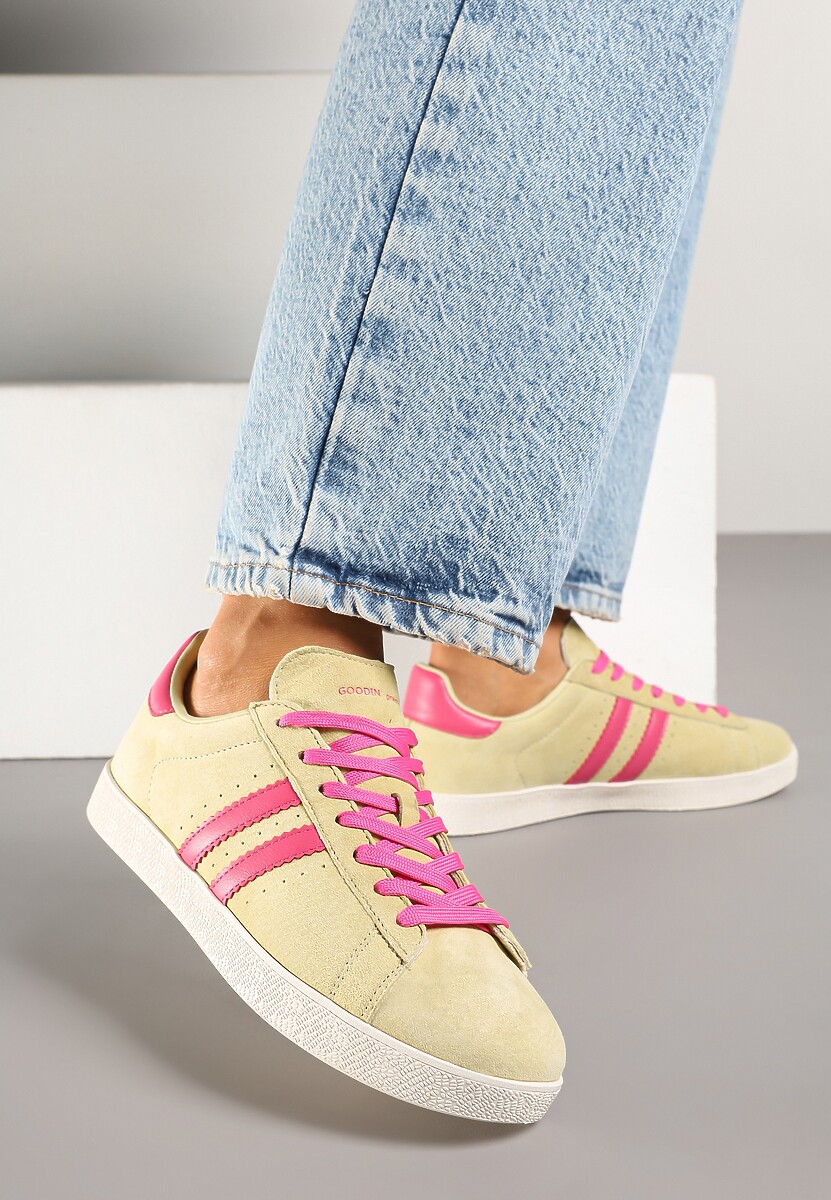 Żółte Sneakersy Zamszowe Typu Tenisówki ze Skórzaną Wkładką Ciarivione