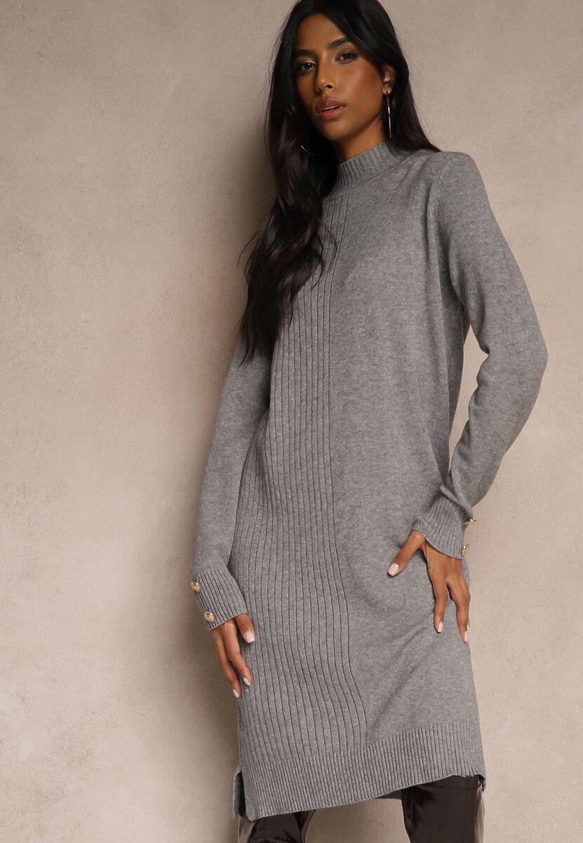 Jasnobeżowa Pudełkowa Sukienka z Wiskozą Modalem i Guzikami Jesalttia