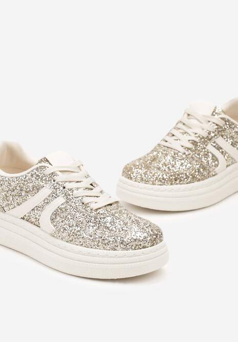 Złote Brokatowe Sneakersy na Niskiej Platformie Nevilinna