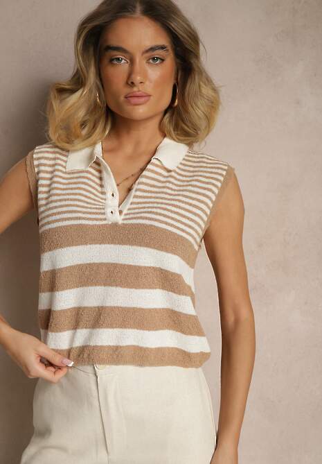 Beżowa Bluzka z Dzianiny w Paski o Kroju Bez Rękawów z Kołnierzykiem Kolarosea