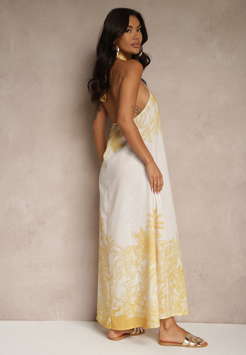 Żółta Sukienka z Wiskozą Ozdobiona Wiązaniem i Wzorem Palm Folenella