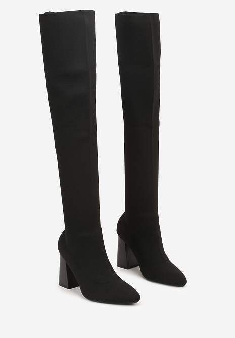 Czarne Kozaki Vices za Kolano na Słupku ze Skarpetkową Cholewką Neliannea