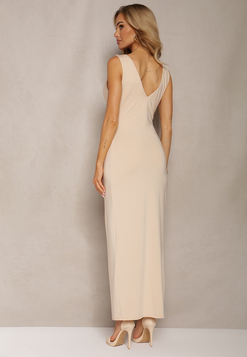 Beżowa Kopertowa Sukienka w Koktajlowym Stylu z MarszczeniemKalkisa