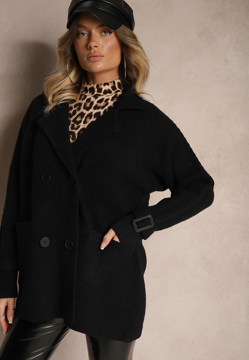 Czarny Dwurzędowy Płaszcz z Bawełną Guzikami i Ściągaczami przy Rękawach Ililina