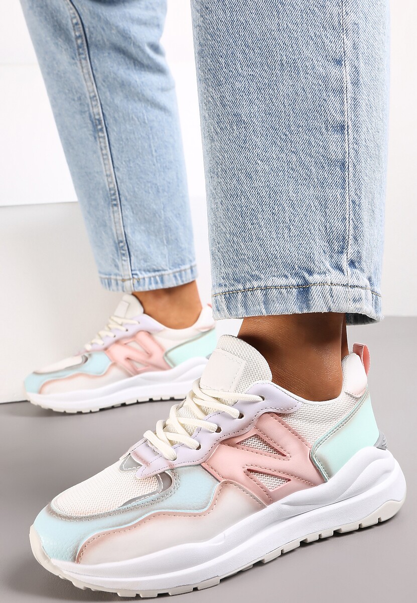 Biało-Niebieskie Sneakersy Przed Kostkę Zdobione Przeszyciami Flallesi