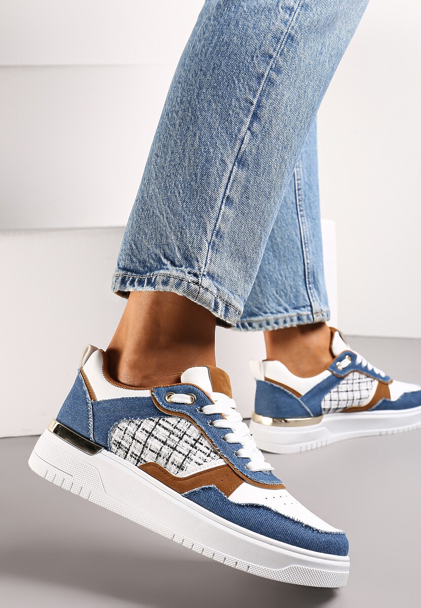 Granatowe Sneakersy Ozdobione Wstawką z Tweedowego Materiału Saini