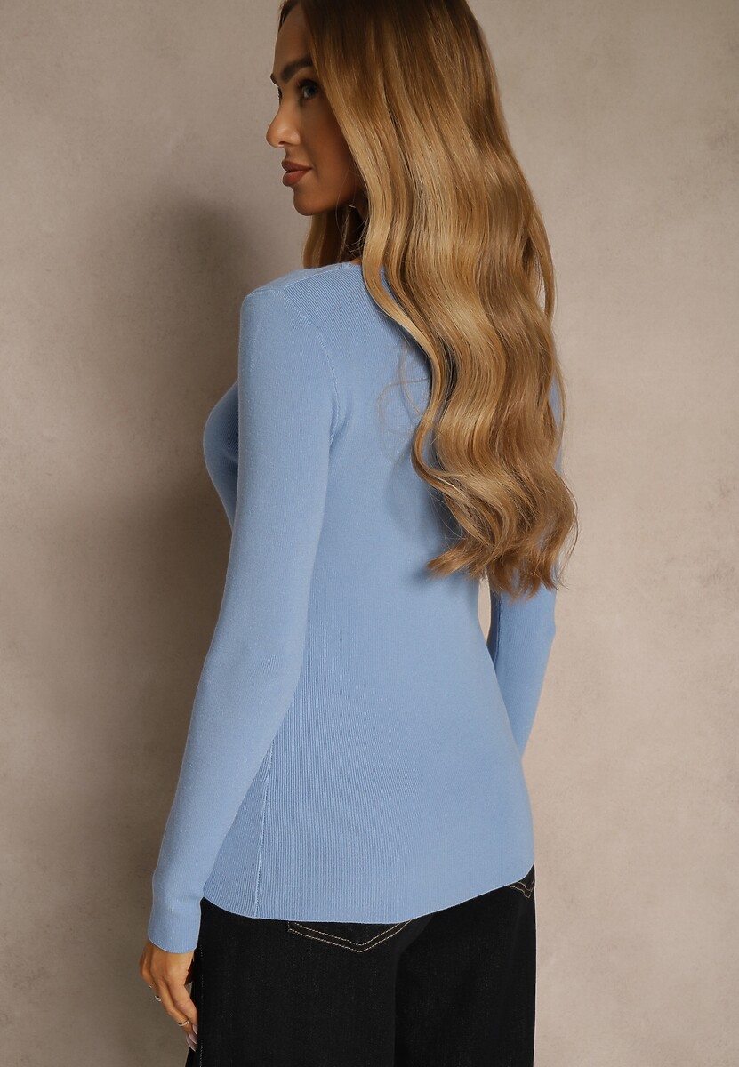 Niebieski Sweter o Taliowanym Kroju z Nieregularnym Dekoltem w V Fenalissa