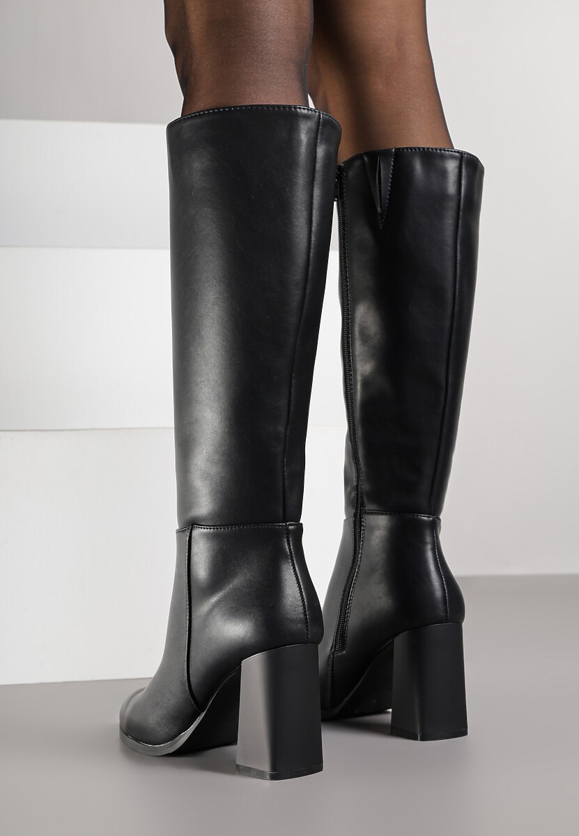 Czarne Kozaki VICES do Kolana ze Skóry Naturalnej na Metalicznym Słupku Zenilla