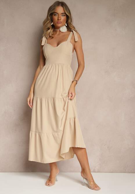 Beżowa Sukienka z Wiskozą Falbanami i Wiązaniem Nilarrea