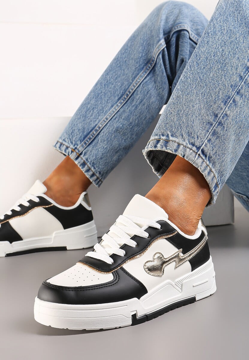 Czarno-Białe Sznurowane Sneakersy na Grubej Podeszwie z Brokatowym Zdobieniem Anaieli