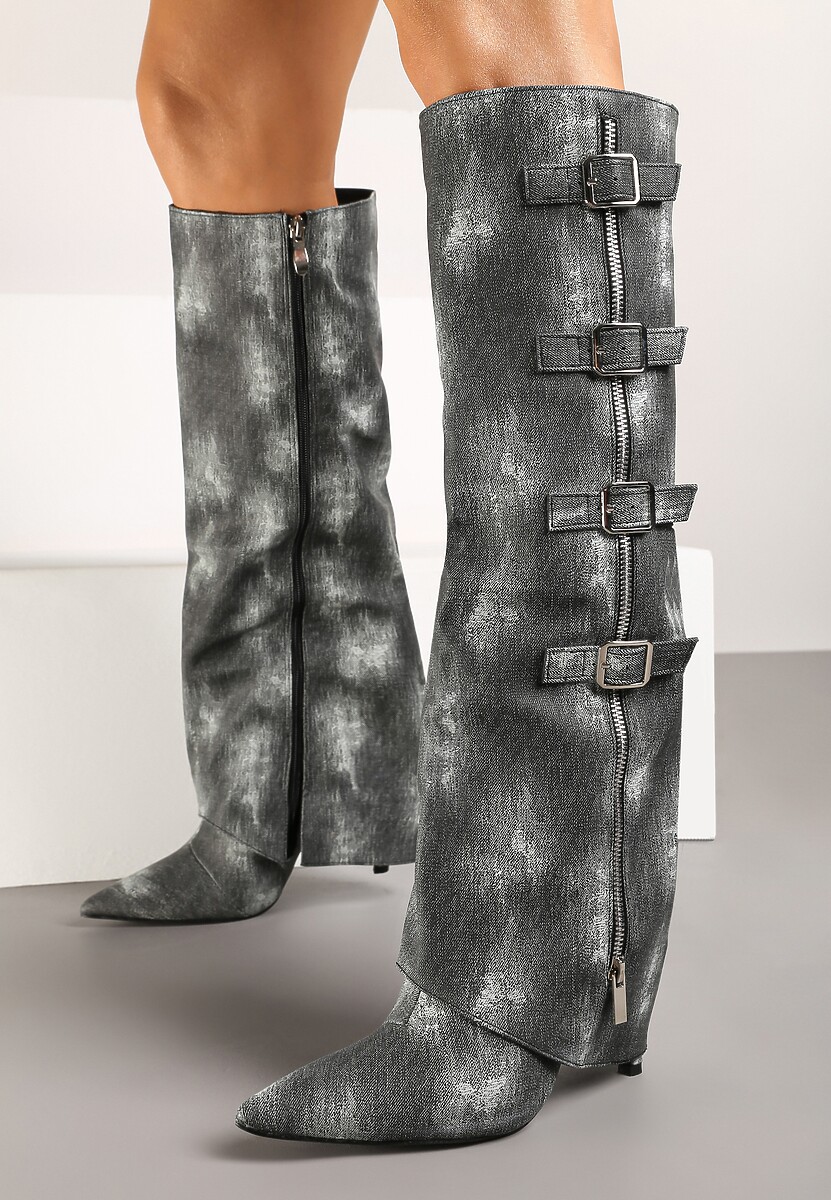 Czarne Kozaki Jeansowe na Szpilce z Klamrami na Wywiniętej Cholewce Riaviraen