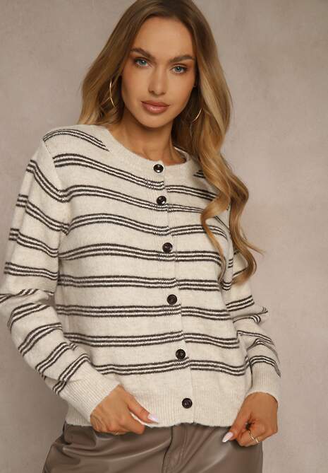 Beżowy Kardigan z Dodatkiem Wełny Zdobiony Wzorem w Paski i Narzutką Fedira