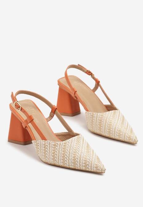 Beżowo-Pomarańczowe Sandały na Słupku Typu Slingback Ozdobione Plecionką Koralisa