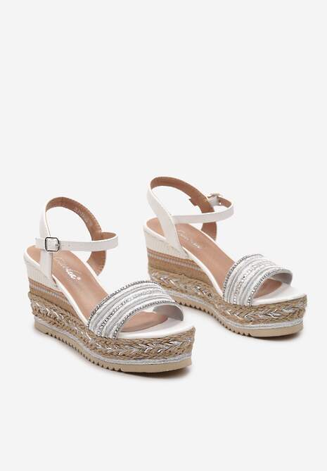 Białe Sandały na Koturnie i Platformie z Błyszczącą Plecionką z Cyrkoniami Kilimana