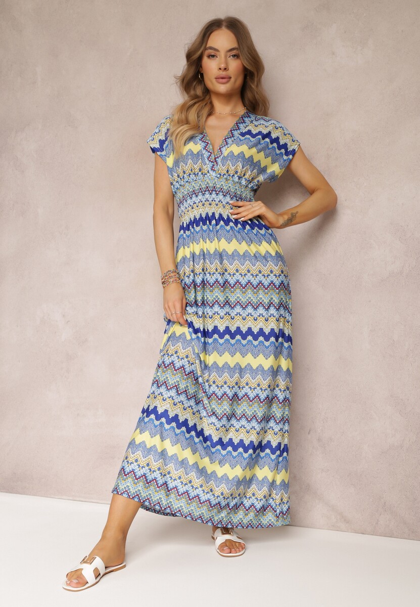 Niebieska Wzorzysta Sukienka Maxi z Gumką w Talii i Rozkloszowanym Dołem Noareya