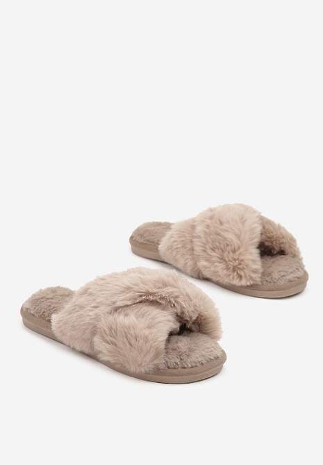 Ciemnobeżowe Kapcie Vices z Futerka ze Skrzyżowanymi Paskami Selanthra