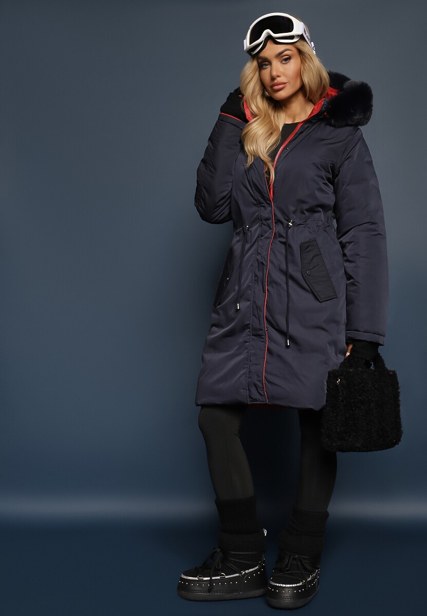 Granatowa Długa Kurtka Płaszcz o Dwustronnym Fasonie z Kapturem Astrae