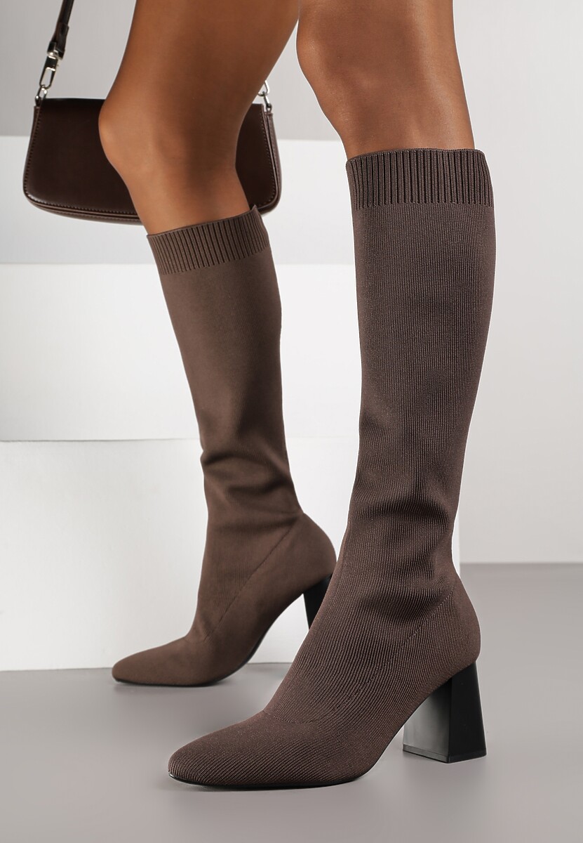 Brązowe Skarpetkowe Kozaki VICES na Słupkowym Obcasie Ralles