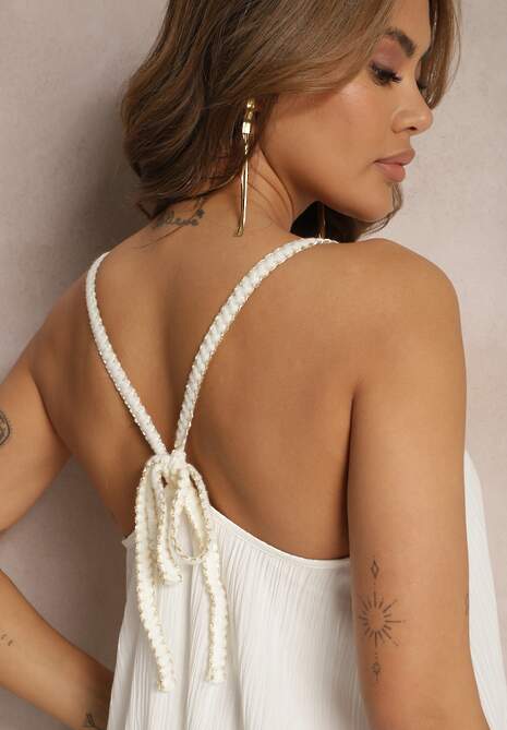 Biała Sukienka z Wiskozy na Ramiączkach Zdobiona Cekinami i Metaliczną Nitką Beloe