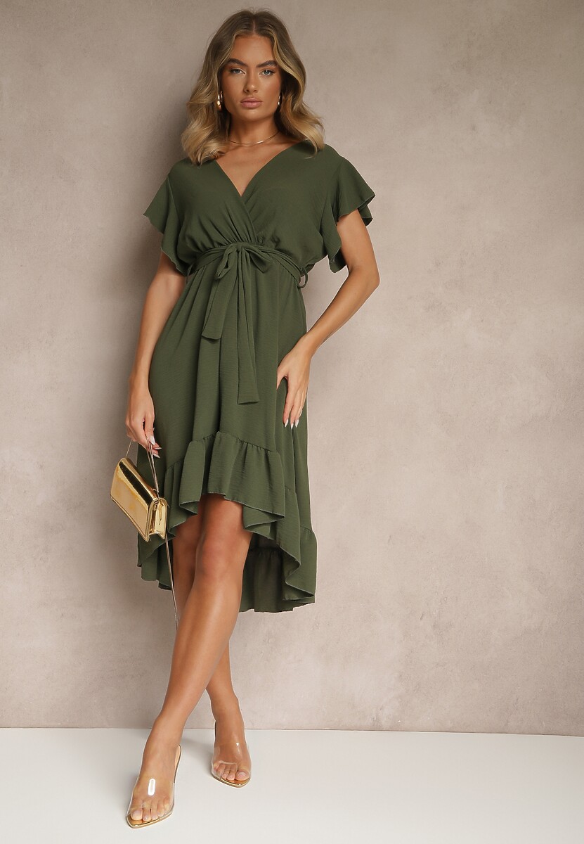 Ciemnozielona Sukienka o Rozkloszowanym Kroju z Paskiem i Falbanką Nativese