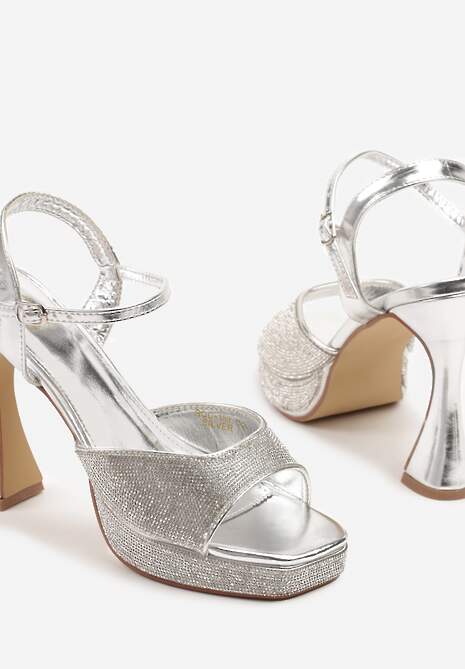 Srebrne Sandały na Stożku i Platformie Ozdobione Cyrkoniami Varnell