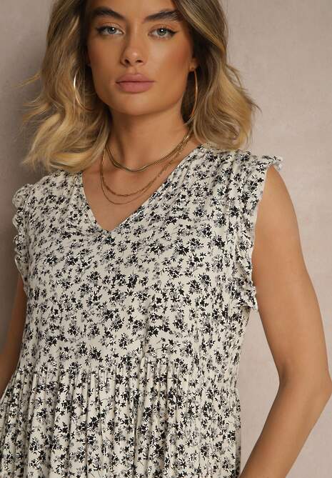 Beżowo-Granatowa Rozkloszowana Sukienka z Bawełny z Dekoltem w Serek Zdobiona Falbanami Iffilara