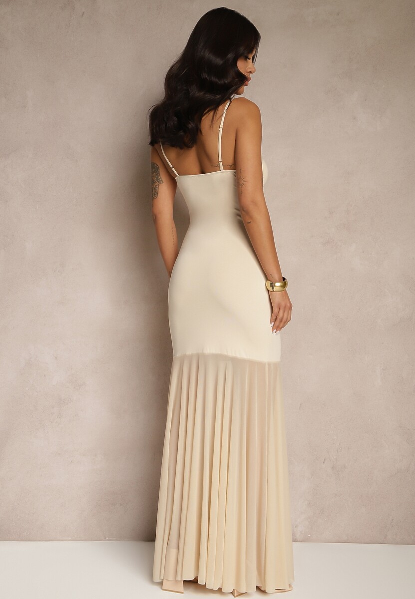 Beżowa Sukienka na Ramiączkach z Wiskozą z Siateczkowym Zdobieniem Savorielle