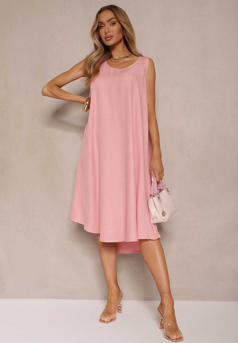 Różowa Basicowa Sukienka o Rozkloszowanym Kroju Mevolira