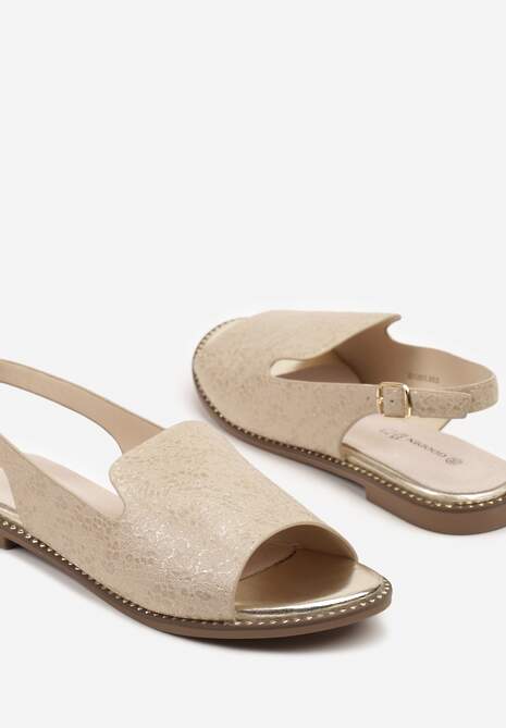 Złoto-Beżowe Sandały Slingback ze Skórzaną Wkładką i Noskiem Peep Toe Kirassa