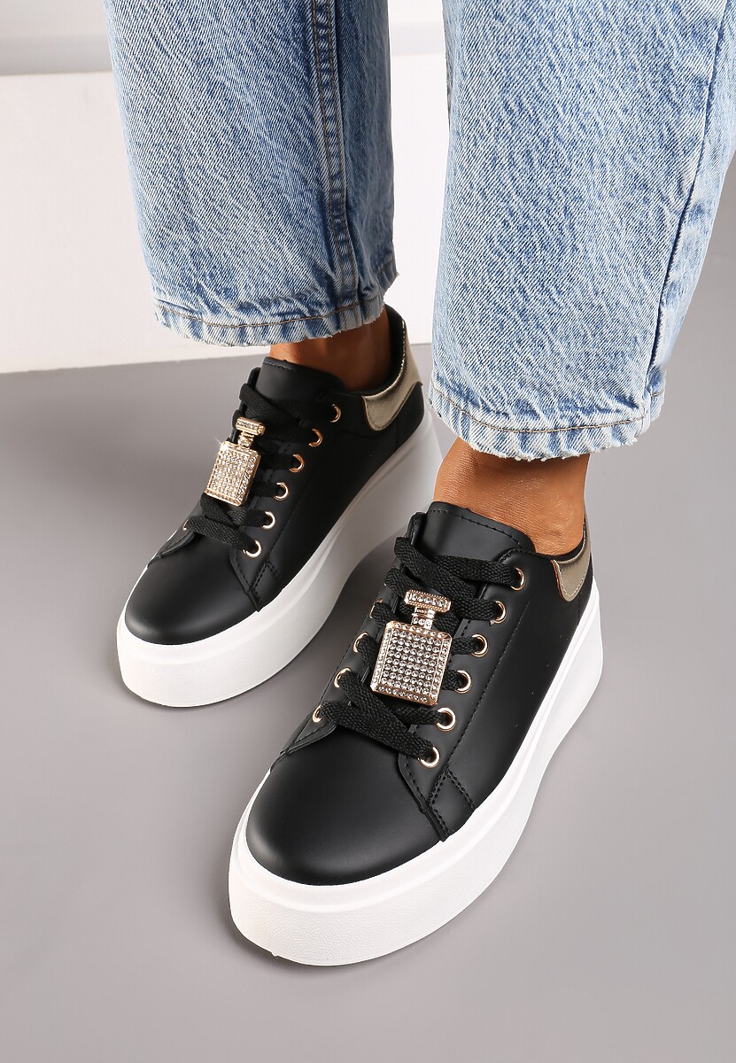 Czarne Sneakersy na Platformie Ozdobione Cyrkoniami i Aplikacją 3D Daneria