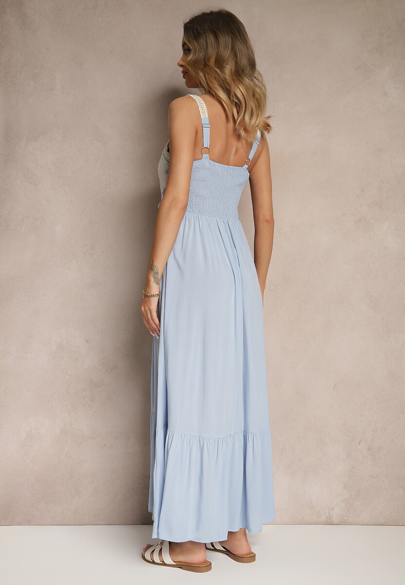 Niebieska Sukienka z Wiskozy Ozdobiona Haftem Rinastra