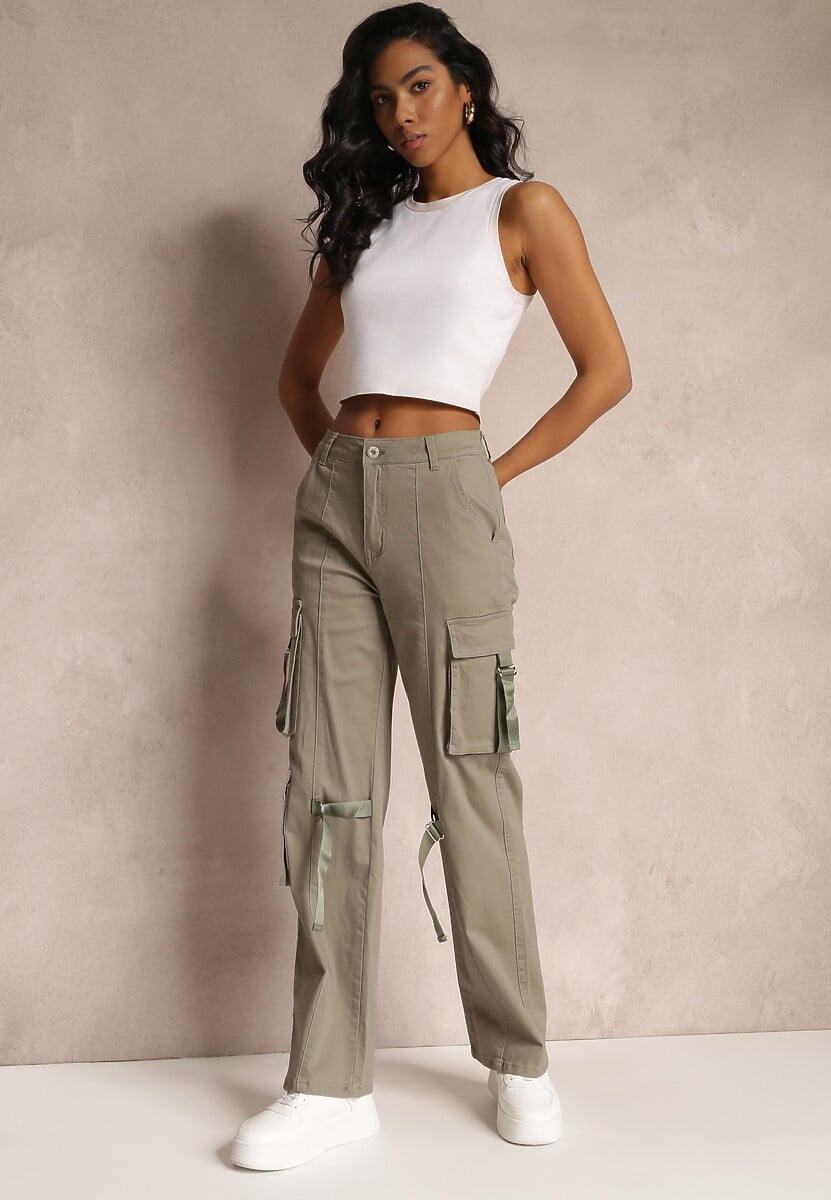 Ciemnozielone Jeansy Cargo z Kieszeniami i Taśmami Vinlis