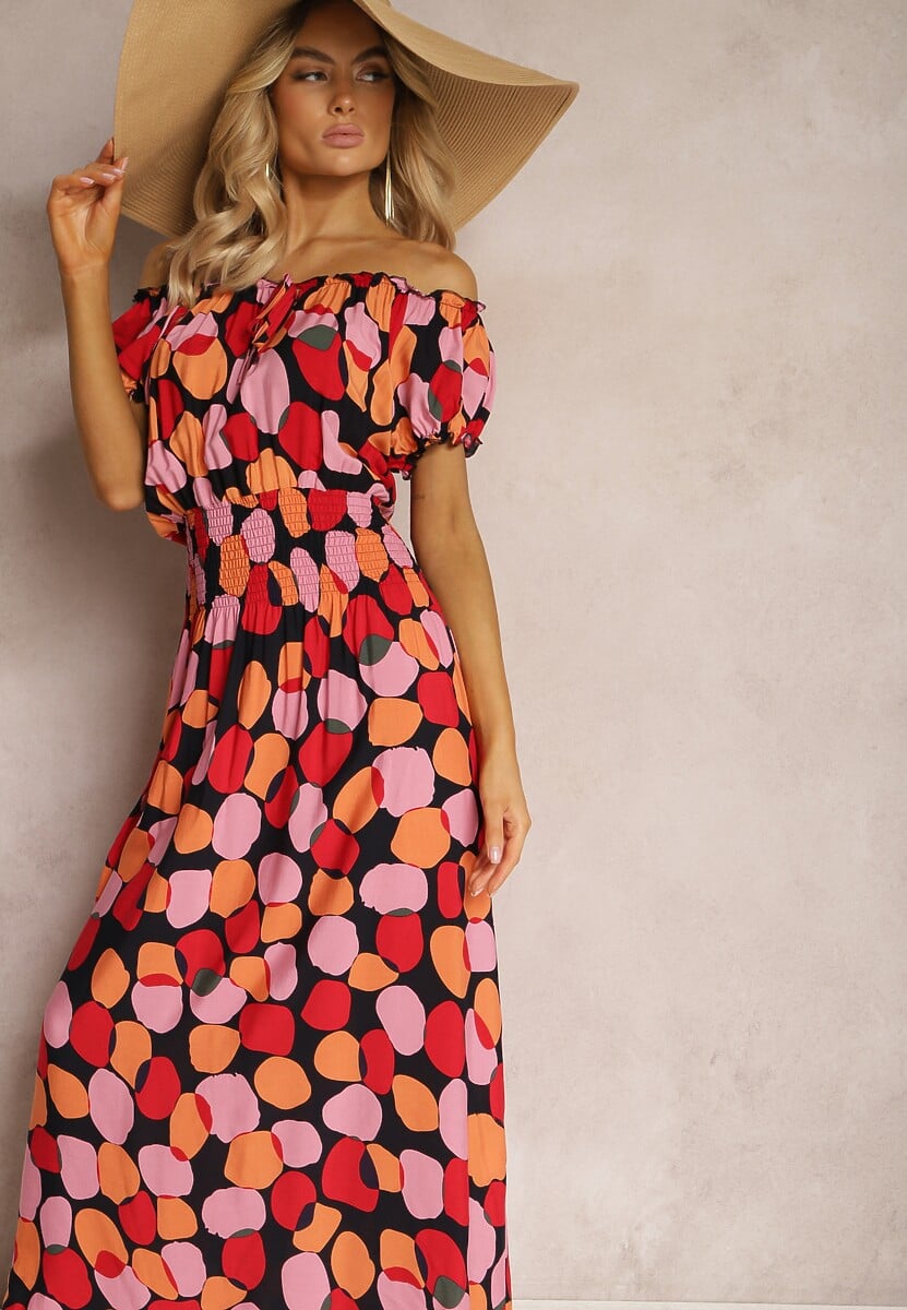 Czerwona Sukienka Hiszpanka z Bawełny z Modelującą Gumką w Pasie Vearica