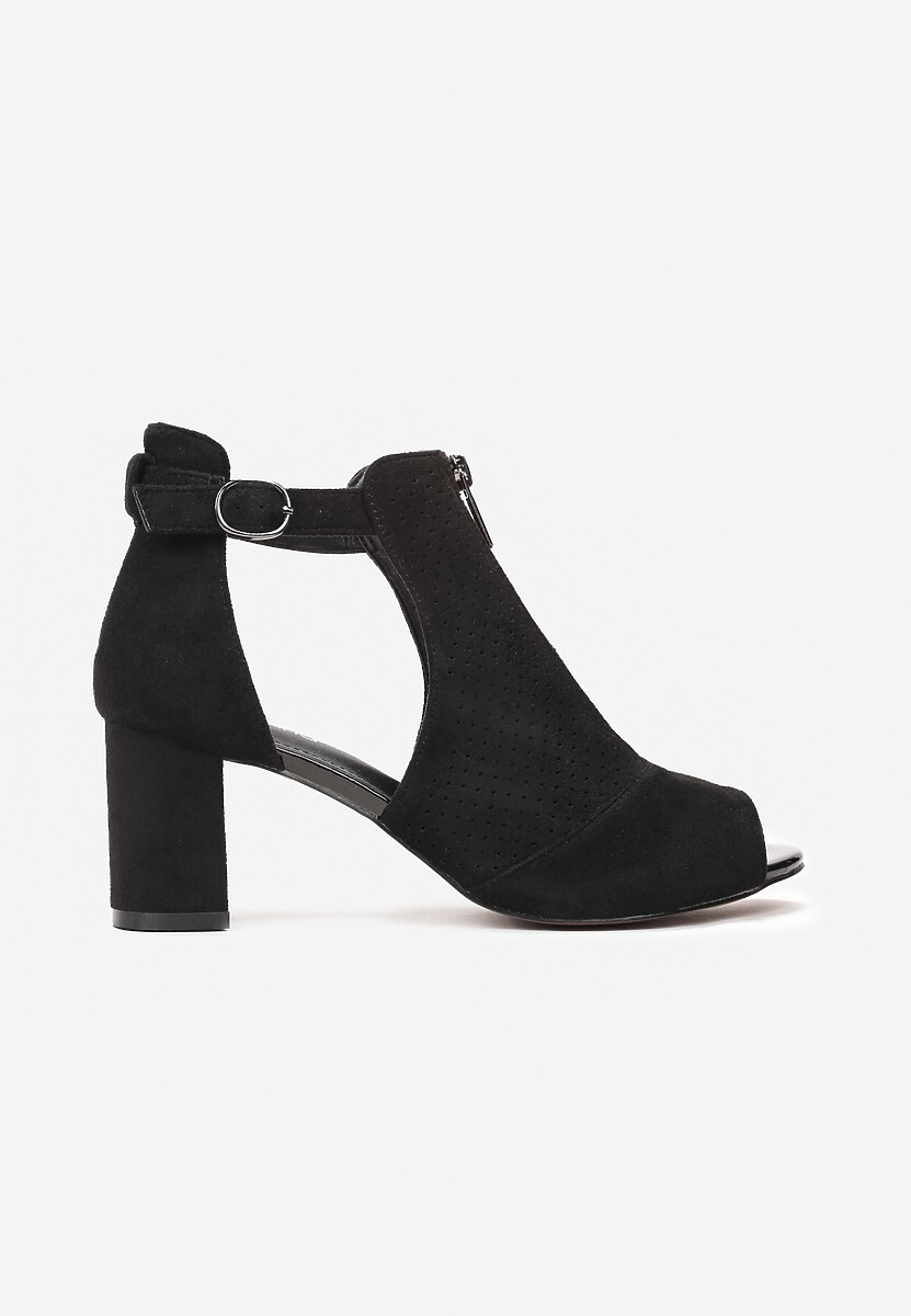 Czarne Sandały na Obcasie z Suwakiem Zdobione Perforacją i Wycięciami c