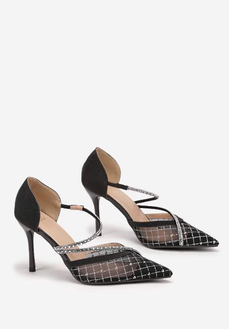 Czarne Brokatowe Szpilki z Paskami w Cyrkonie Vendre