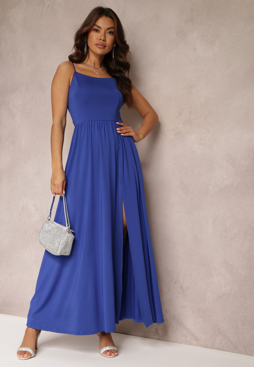 Czarna Rozkloszowana Sukienka Maxi na Cienkich Ramiączkach z Rozporkiem Weslyn