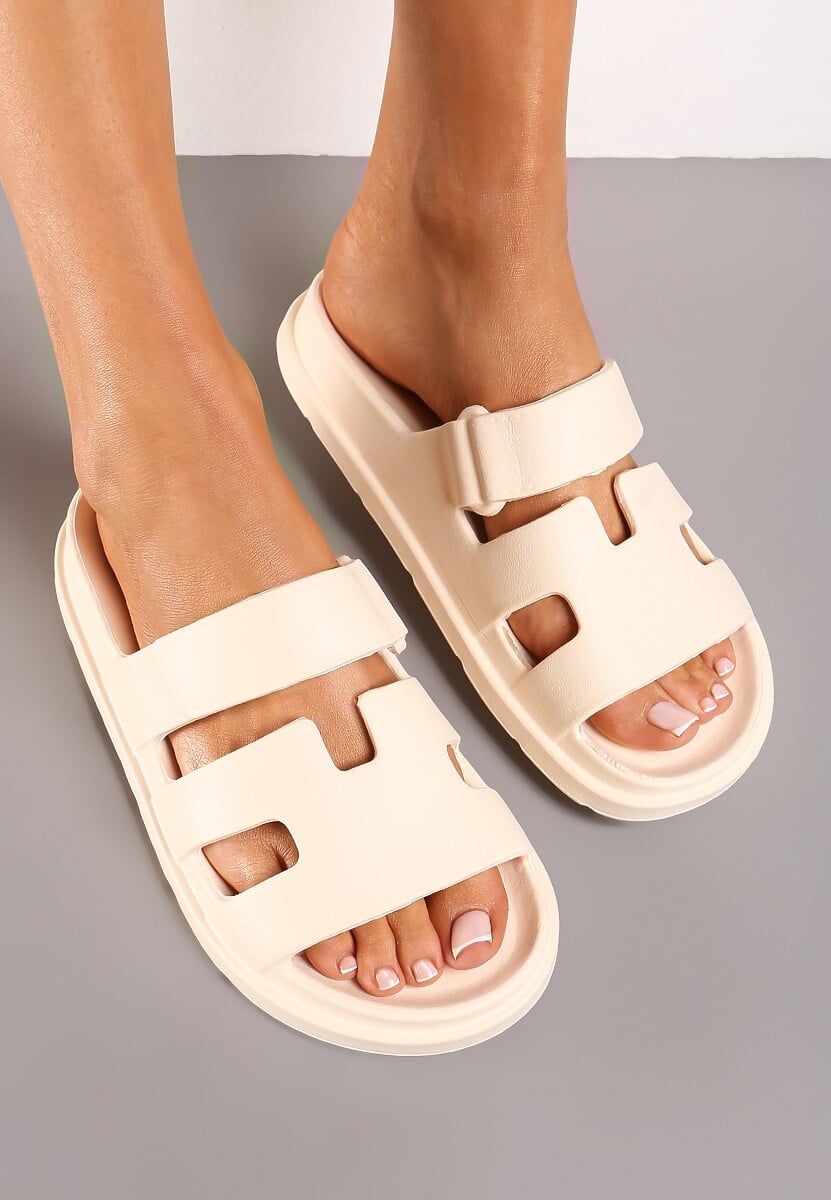 Jasnobeżowe Basenowe Klapki Piankowe z Wycięciami na Pasku Wrenlita