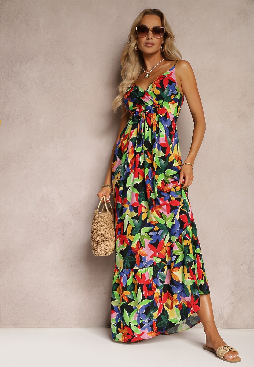 Pomarańczowo-Fioletowa Kopertowa Sukienka z Wiskozy na Ramiączkach i Gumką w Talii Tiamali