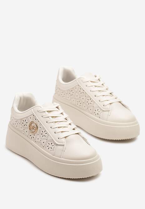 Jasnobeżowe Sneakersy na Platformie z Ażurowym Zdobieniem i Aplikacją Dalirnna