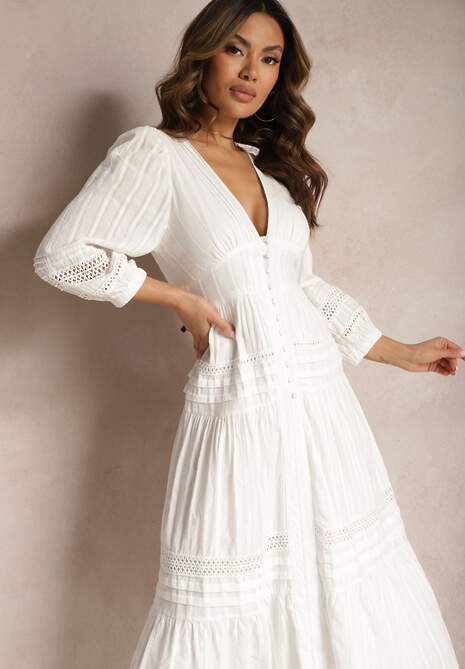 Biała Bawełniana Sukienka o Rozkloszowanym Kroju Wykończona Ażurowymi Wstawkami Perline
