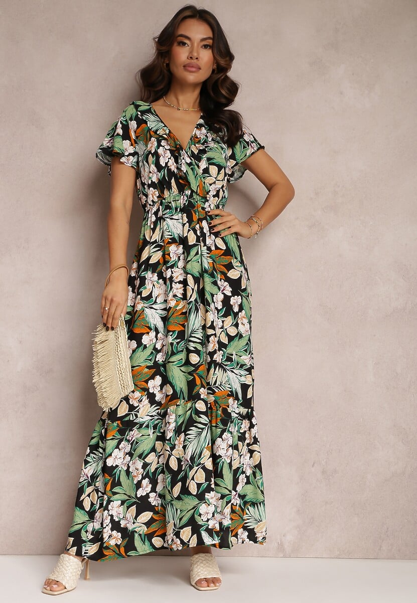 Zielono-Czarna Sukienka z Wiskozy Maxi w Kwiaty Mahiza