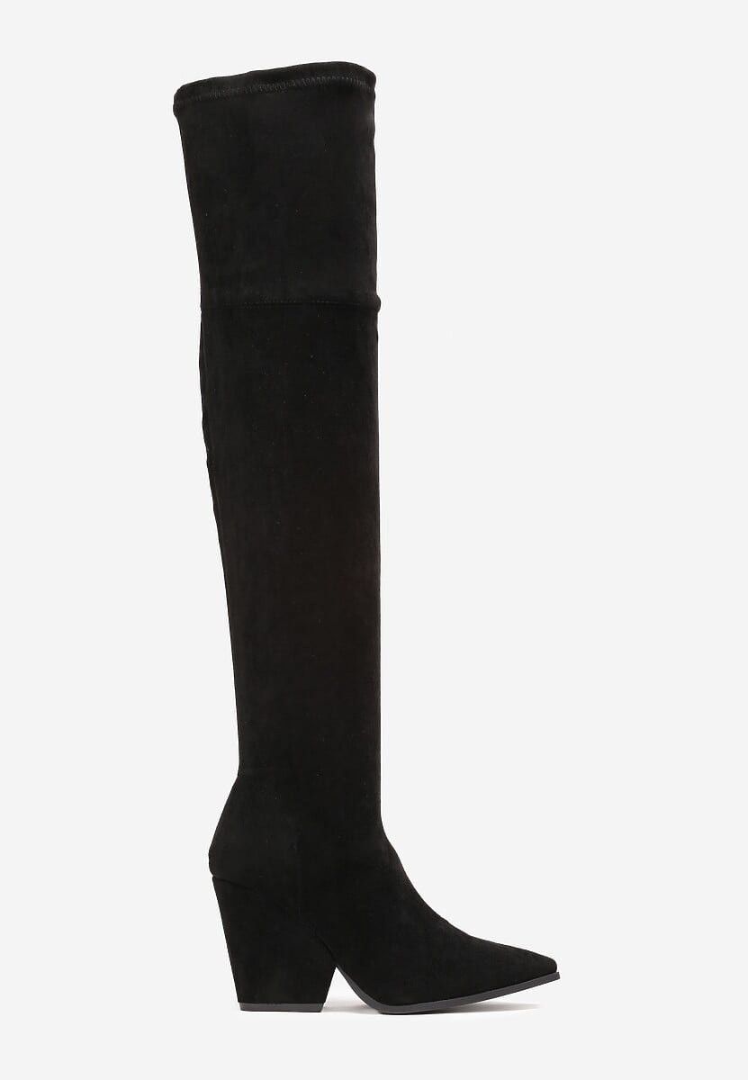 Czarne Kozaki na Stożku za Kolano ze Szpiczastym Noskiem Nudra