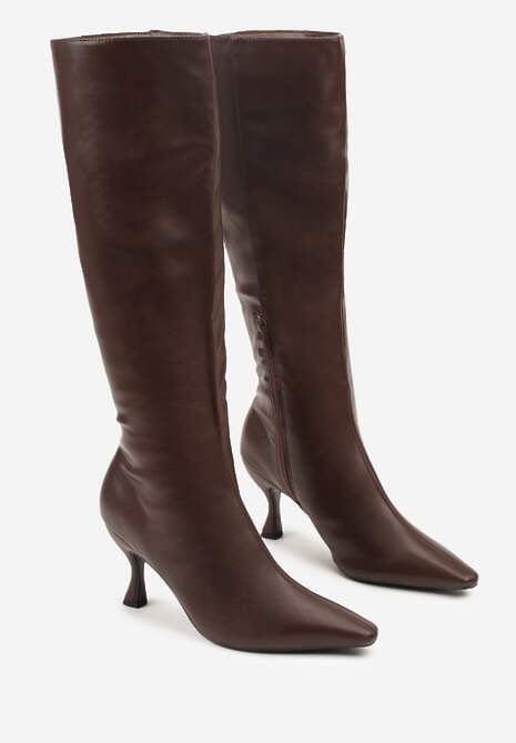 Ciemnobrązowe Marszczone Kozaki Vices na Obcasie Typu Kaczuszka Miomadia