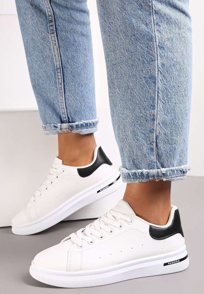 Biało-Beżowe Wiązane Sneakersy na Płaskiej Podeszwie z Modną Wstawką Zanelih